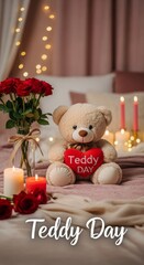 Teddy bear holding heart with 'teddy day' text surrounded by roses candles and fairy lights on a cozy bed