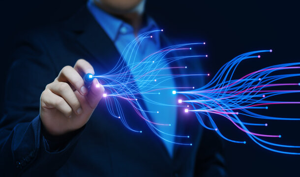 Businessman Connecting Digital AI Network and Data Flow Concept. Human Touching Futuristic Neural Network