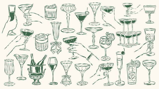 Minimalist hand-drawn popular cocktail vector illustrations in sketch style for greeting cards, wedding invites, posters, branding, logo design, backgrounds, and modern creative projects.
