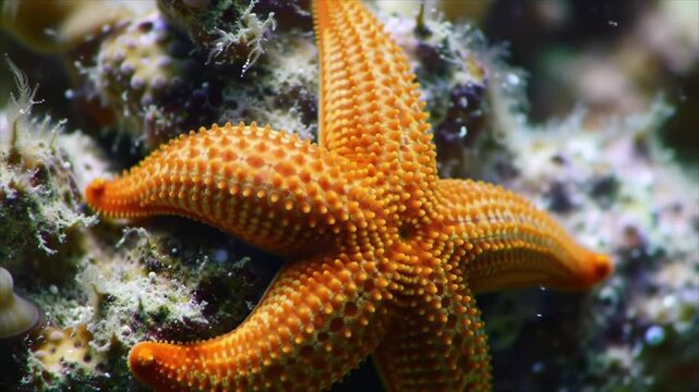 A vibrant orange starfish on a rocky ocean floor covered in coral and seaweed, viewed from above.