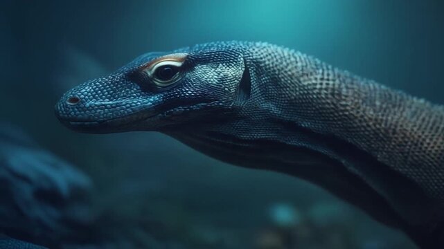 A close-up view of a reptile's head and neck with blue-toned lighting in an aquatic setting