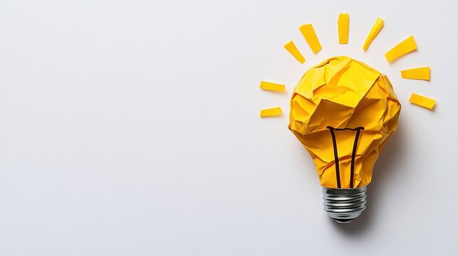 crumpled yellow paper in the shape of an incandescent light bulb on a white background, concept for ideas and innovation with copy space, creative thinking and innovative ideas 