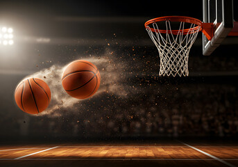 Basketball action shot in arena