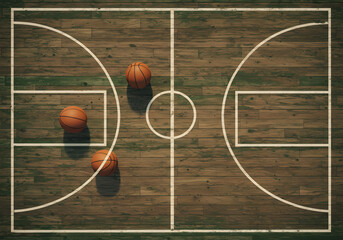 Basketball court overhead view with balls
