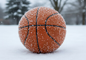 Basketball covered in snow outdoor