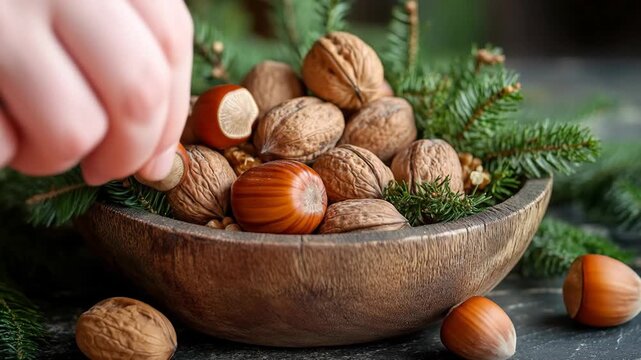 Close up of assorted nuts and greenery in wooden bowl for harvest season
