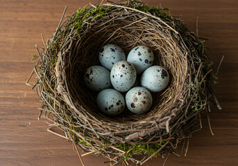 Bird eggs in nest on wood background