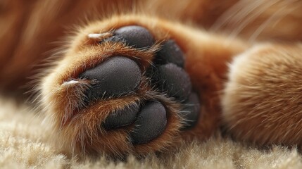 Fototapeta premium Kitten paw pads fur texture macro closeup showing soft ginger feline resting moment with delicate skin, tiny toes, warm tones, tenderness, comfort, innocence and intimate pet nature background