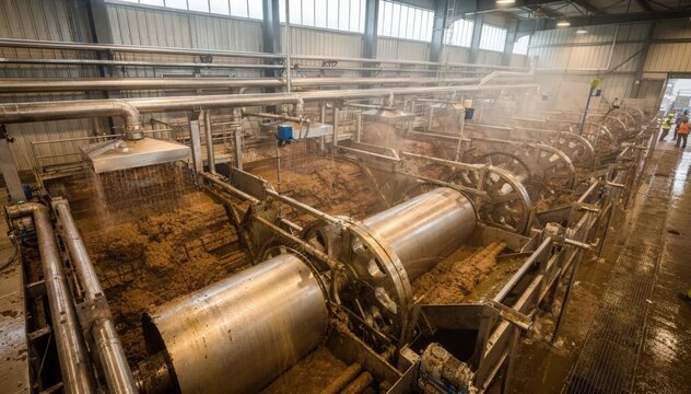 Overhead medium shot capturing multiple industrial washers in parallel emphasizing the systematic brown stock washing process within a pulp production plant.