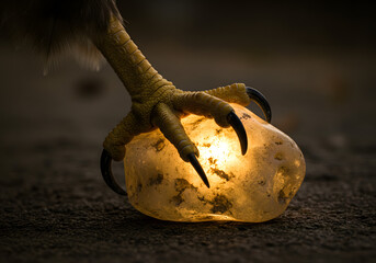 Birds foot holding illuminated stone