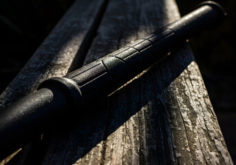 Black baton on wooden surface