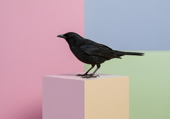 Black bird on pastel cube