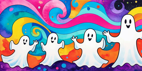 Funny ghosts on abstract multicolored background