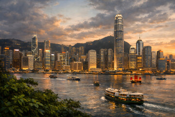 Obraz premium Hong Kong skyline with Victoria harbour at dusk boats and city lights glow
