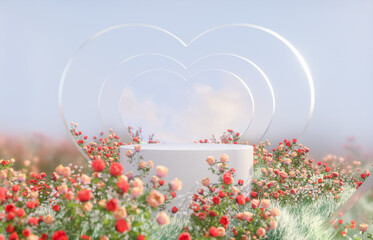 Love podium with Heart shape frame in dreamy rose garden. Wedding and Valentine 3d rendering background.