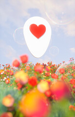 Heart map pin icon floating in dreamy rose garden. 3d rendering.
