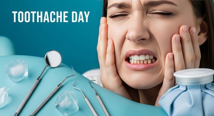 Woman experiencing toothache pain with dental tools and water bottle on a blue dental tray