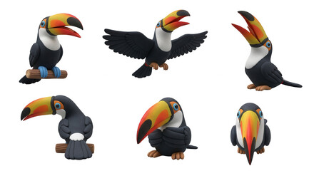 Naklejka premium 3d rendered toucan birds in various poses their distinctive beaks against a clean white backdrop for educational or illustrative purposes