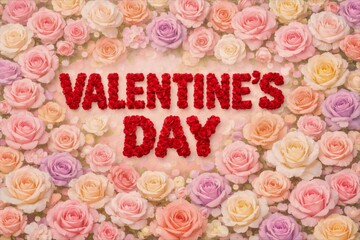 A beautiful romantic Valentines Day illustration, fullframe background filled with roses in various colors with the text VALENTINES DAY.