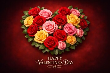 A bright romantic valentine card with colorful blooming roses and green leaves arranged together in the shape of a heart on deep red background with text HAPPY VALENTINES DAY.