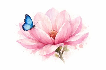 A delicate watercolor painting of a single pink magnolia flower in full bloom, with a blue butterfly standing on a petal on white background.
