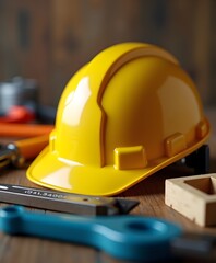 Bright Yellow Hard Hat on Multicolored Toolset Creative Still Life