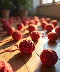 Tangled Yarn Balls Casting Graphic Shadows on Wooden Floor