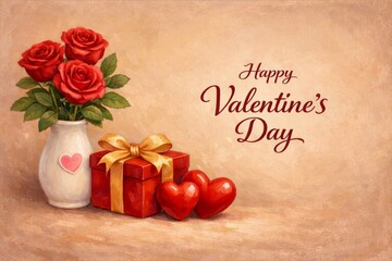 A watercolor painting of Valentine card with blooming red roses in white ceramic vase, a red gift box with yellow ribbon bow and a couple of hearts on brown background.