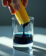 Minimalist Sponge Dipped in Ink Dripping into Glass