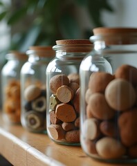 Identical Glass Jars Filled with Objects from Different Decades