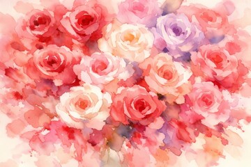 An abstract dreamy Valentines Day watercolor painting card of a bouquet of roses in various colors.