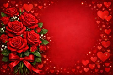 Aromantic valentine card with red roses bouquet, green leaves on deep red background.