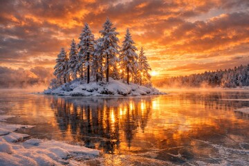 View of a breathtaking winter sunset over a frozen lake, with a small island in the center and snow covered pine trees and reflection on the surface of frozen lake.