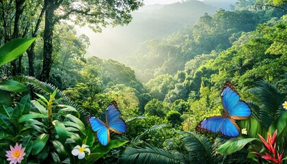 View of a lush tropical rainforest in spring, filled with a rich variety of dense trees and flowers.