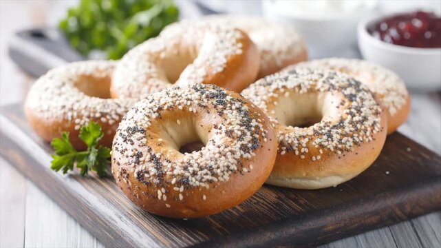 Several fresh bagels topped with seeds, plus sides of jam and cream, on a wooden board
