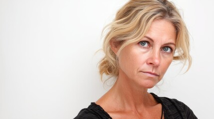 Naklejka premium Portrait of mature caucasian woman with contemplative expression and blond hair.