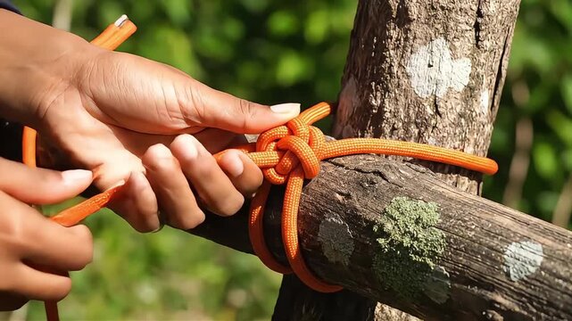 Person Tying Orange Rope Around Wooden Beams.