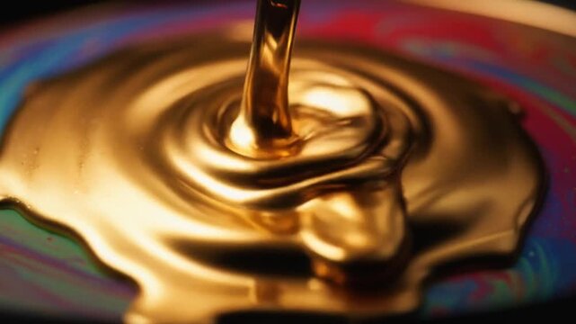 Golden liquid splashing into colorful swirling water in a tub