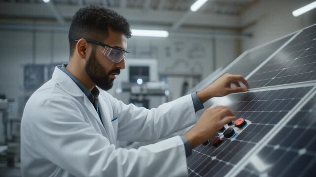 Man in lab coat inspecting solar panel in laboratory setting