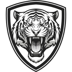 Roaring tiger logo inside shield frame
