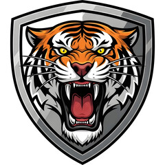 Roaring tiger logo inside shield frame