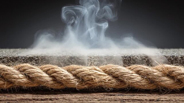 Close-up of a rope with smoke emanating from it against a dark background, showing texture and detail