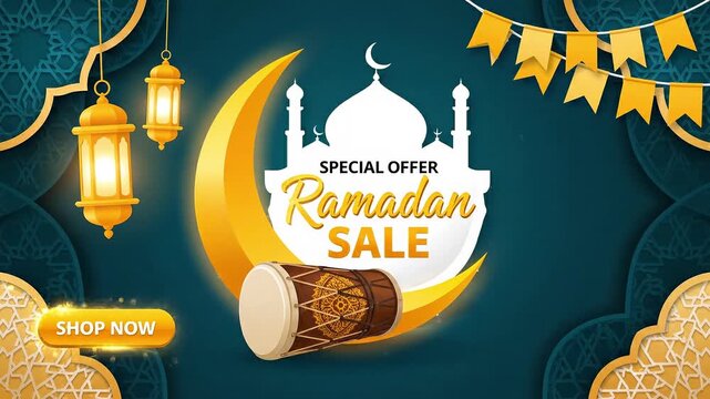 Ramadan sale promotion with golden crescent moon and lanterns on blue background
