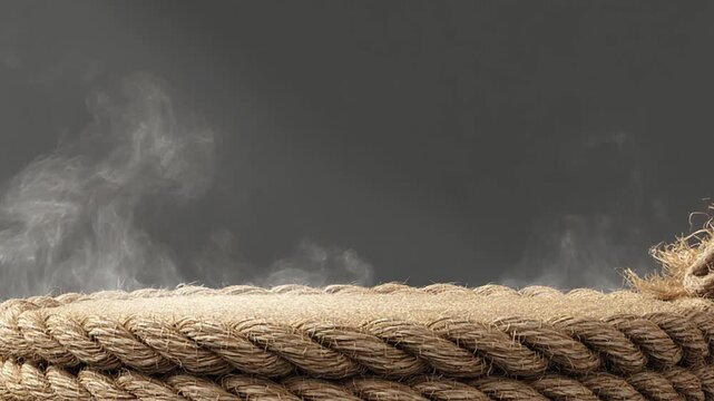 Thick, textured rope creates a foreground, wispy smoke rises against a dark gray backdrop