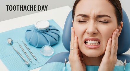 Woman experiencing toothache pain in dental chair with tools