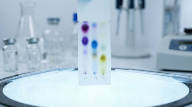 Thin layer chromatography TLC plate analysis in laboratory