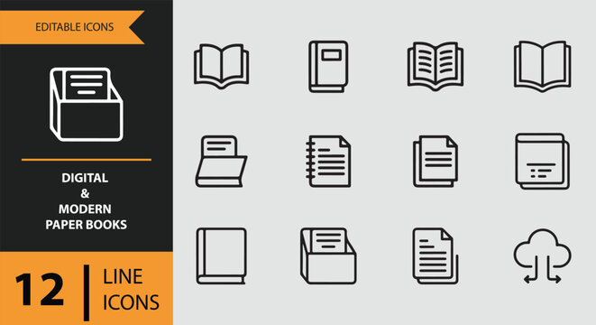 Digital and modern paper books line icon set featuring documents, files, and cloud storage