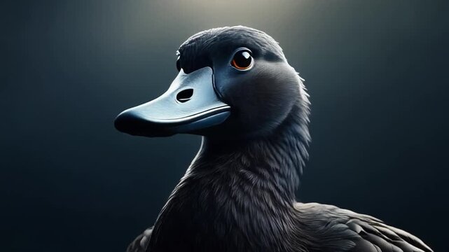 A studio-lit image of a stylized duck with large eyes and a curved beak against a dark background