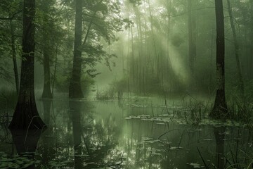 Fototapeta premium Swamp forest landscape with sunbeams filtering through fog, creating an ethereal and mysterious atmosphere