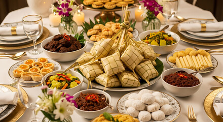 A beautifully arranged festive dining table laden with a variety of traditional Indonesian and Malay dishes, including ketupat, rendang, and assorted sweets, set for a special celebration.
